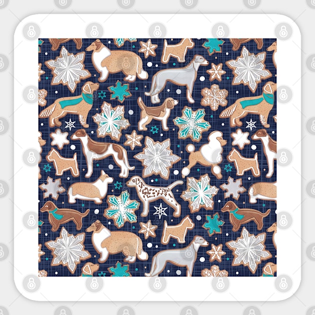 Catching ice and sweetness // pattern // navy blue background gingerbread white brown grey and dogs and snowflakes turquoise details Sticker by SelmaCardoso